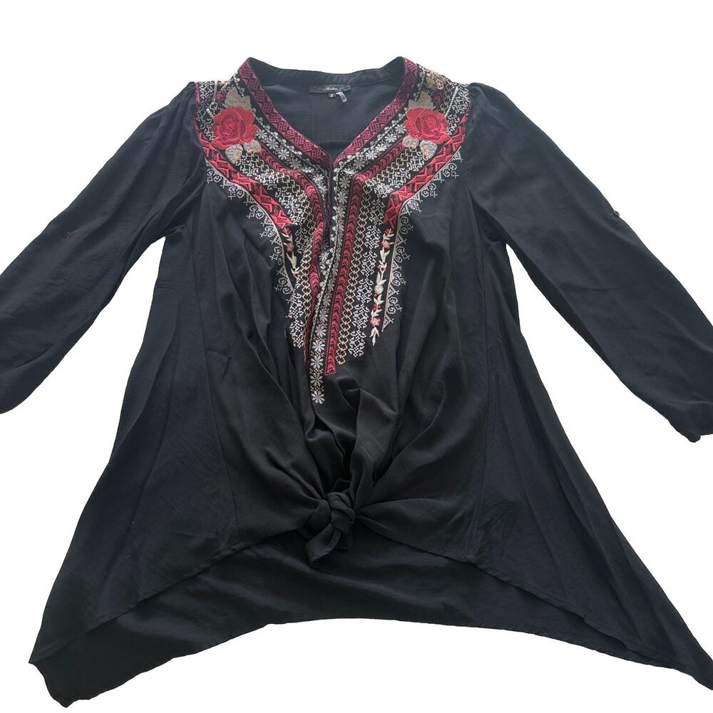 Andree by Unit Black Embroidered Boho Tunic Top Size Small